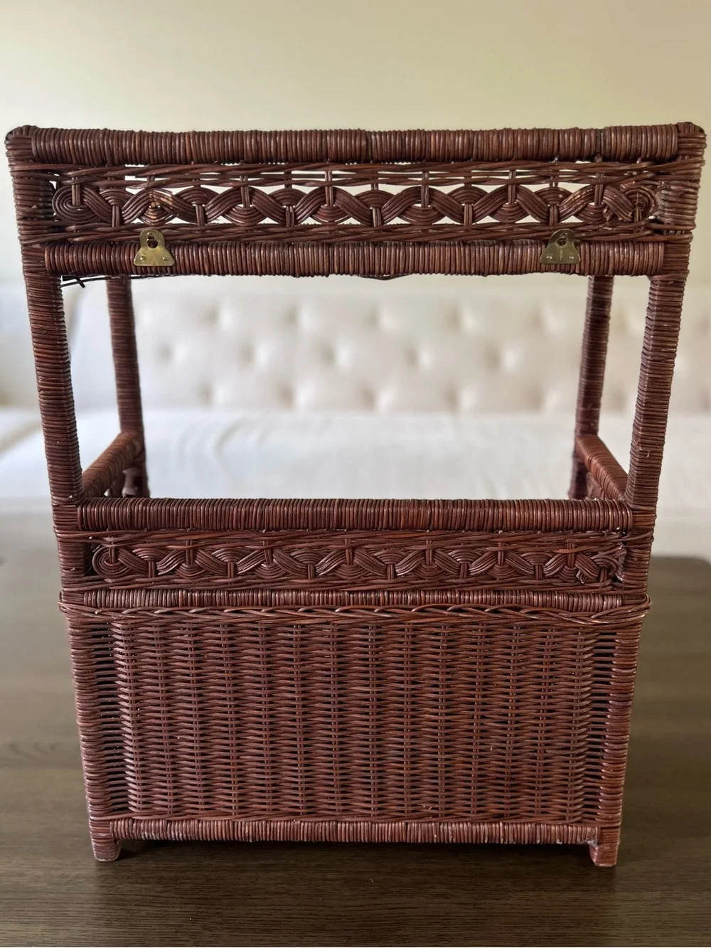 Vintage Brown Rattan Wicker Shelf Cabinet Charming Boho or Cottagecore Decor
